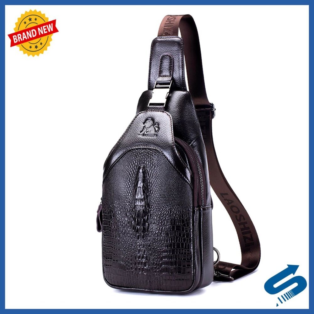 Leather Sling Bag with USB Port, Adjustable Strap, Multiple Pockets
